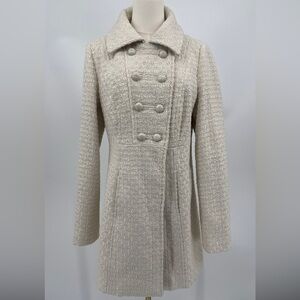 Tulle Cream Textured Wool Blend Double Breasted Peacoat Vintage Style Coat Large